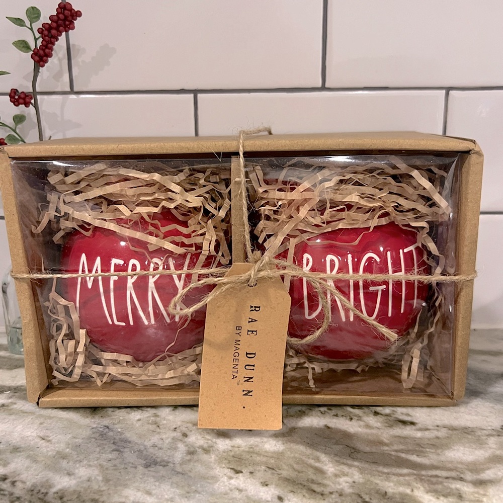 New in box Rae Dunn ceramic ornaments. Merry and Bright